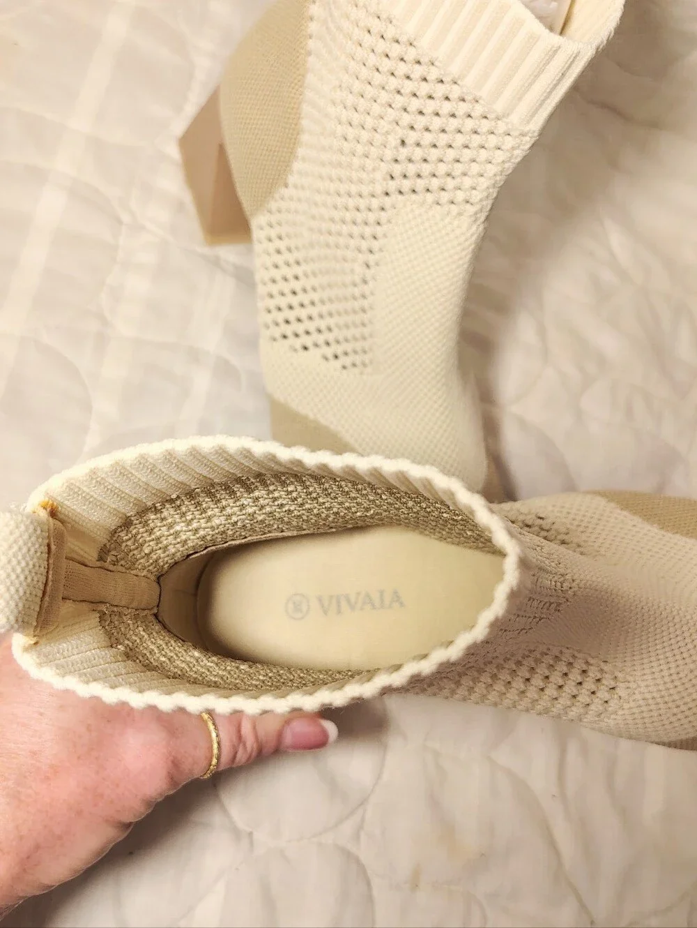 VIVAIA Melissa Square Toe Perforated Knit Sock Ankle Boots Cream Size 38 / 7.5